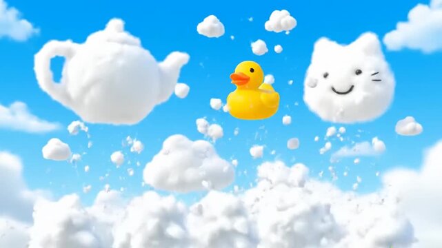 Whimsical Cloud Scene with Teapot, Rubber Duck, and Cat. latest creative trending background video.creative motion graphic animation video