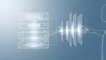 A person interacts with a futuristic digital interface displaying abstract data visualizations and geometric shapes