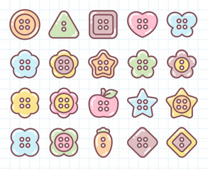 Cute clothing button set. Sewing fasteners in various shapes and soft colors with glossy details, suitable for crafts, fashion design, and decorative projects. Vector 10 EPS.