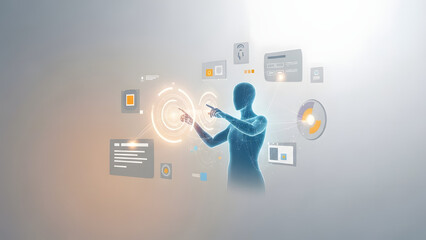 A person interacts with digital interfaces and holographic displays in a futuristic environment from a rear viewpoint.