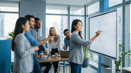 Diverse team collaborates on a flowchart diagram drawn on a digital whiteboard in a modern office