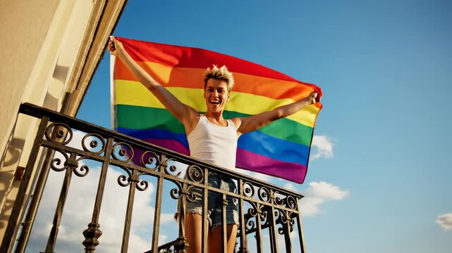 Joyful young person with short blonde hair standing on a balcony, proudly displaying a vibrant rainbow flag against a sunny blue sky, symbolizing lgbtq plus celebration and personal freedom