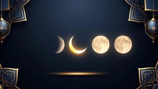 Majestic Moon Phases and Golden Arabic Decor Celebrating Sacred Traditions and New Beginnings, Perfect for Cultural Festivities