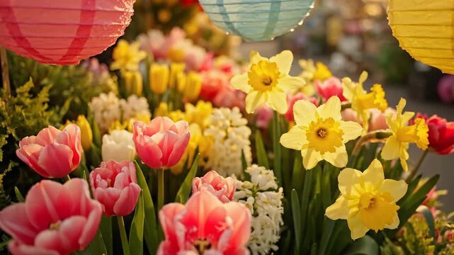 Colorful Spring Flowers with Paper Lanterns - Festive Garden Decoration