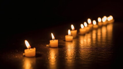 Row of lit candles on a dark reflective surface creating warm ambiance for abolition of Slavery Day