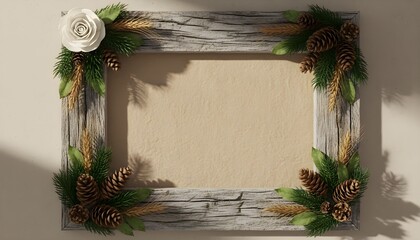 A rustic wooden frame adorned with pinecones and flowers on a beige background