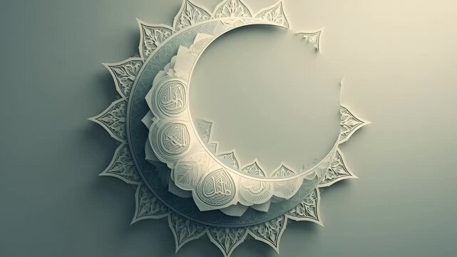 Elegant textured crescent moon and star motif in delicate 3D relief, symbolizing spirituality and celestial beauty on a serene background