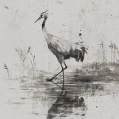 Obraz premium Artistic monochrome illustration of a tall bird wading gracefully in shallow water with reeds