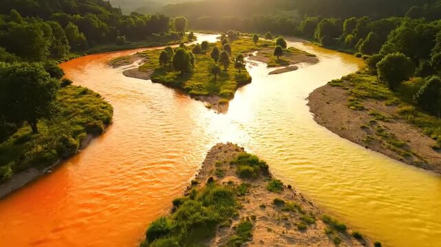 Aerial view of confluence of two rivers with orange and yellow water. latest creative trending background video.creative motion graphic animation video