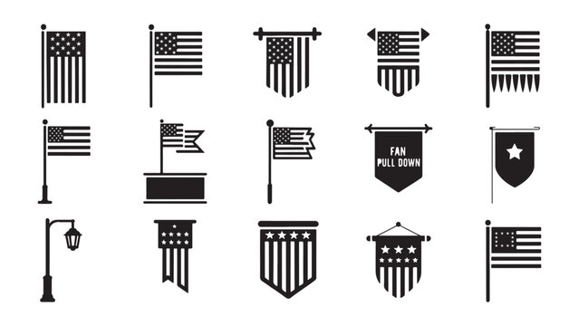 American flag banner and bunting vector set featuring hanging vertical flags, street lamp decorations, and pennants for 4th of July parades and events.