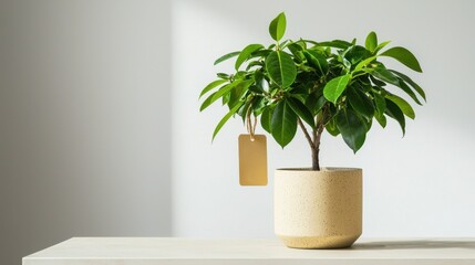 Potted Green Plant on Wooden Table with Blank Tag for Labeling