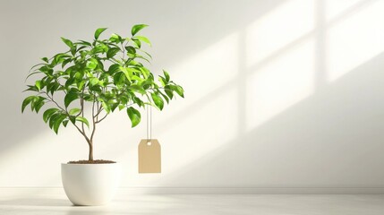 Fresh Green Indoor Plant with Blank Tag in Modern Minimalist Room