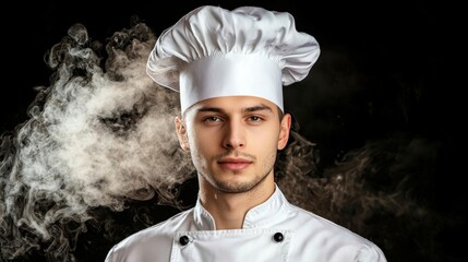 Professional Male Chef in White Uniform with Smoke Background