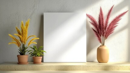 Minimalist Display with Blank Canvas and Vibrant Decorative Plants