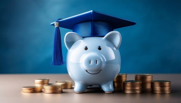 a piggy bank wearing a blue graduation cap symbolizes financial education and saving for future academic pursuits