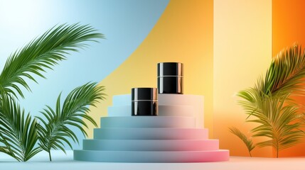 Elegant Black Containers on Stylish Stairs Surrounded by Tropical Foliage