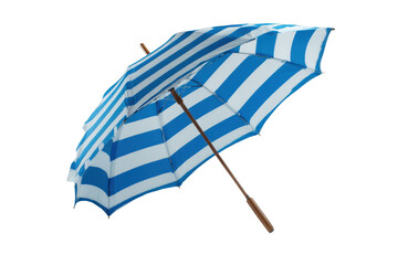 Blue and white striped umbrella with wooden handle isolated on black stripes