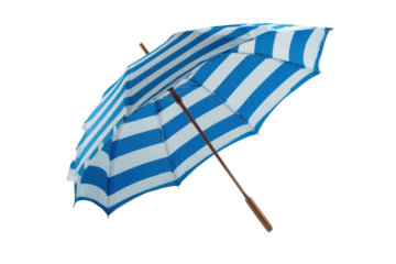 Blue and white striped umbrella with wooden handle isolated on black stripes