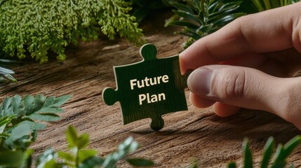 Green Puzzle Piece with Future Plan in Hand Surrounded by Nature