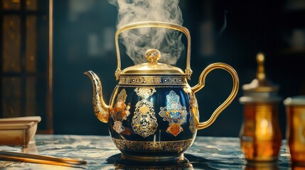 Elegant vintage teapot with steam and intricate designs on display