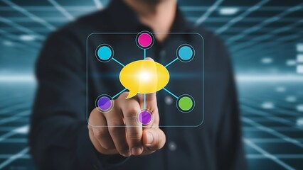 A professional hand touching a glowing yellow speech bubble icon connected to colorful digital nodes in a futuristic setting.