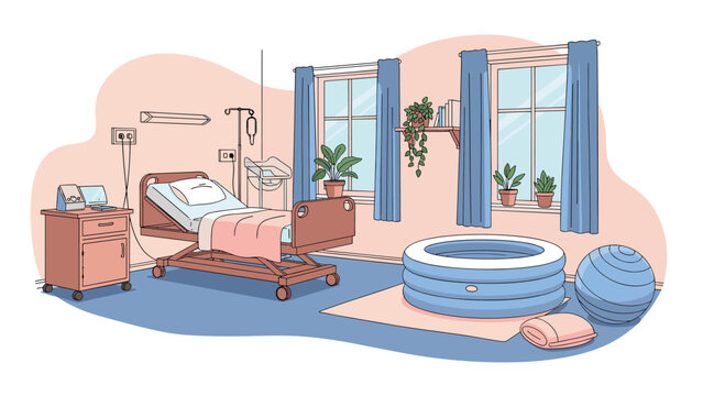 Fully equipped modern maternity room featuring a hospital bed, a birthing pool, and a blue exercise ball for labor support.