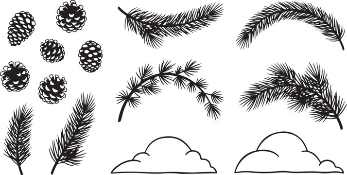 Black and white pine tree elements and clouds illustration