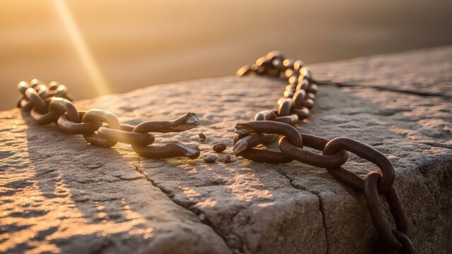 Rusty chain on stone surface at sunset with warm light image for abolition of Slavery Day