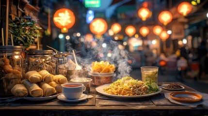 Vibrant Street Food Scene with Noodles and Lanterns at Night
