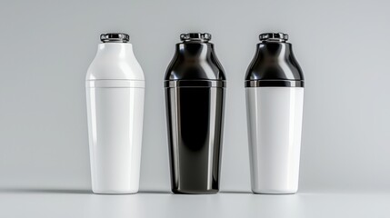 Modern Cocktail Shakers in Black White and Silver on Gray Background