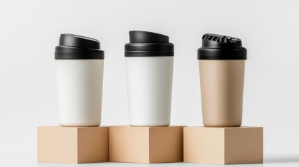 Three Stylish Reusable Coffee Mugs on Wooden Blocks Display