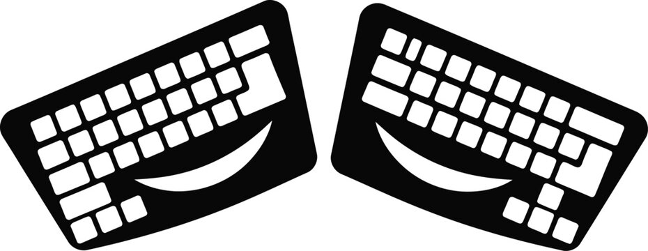 Stylized silhouette illustration of two happy computer keyboards with smiling spacebars