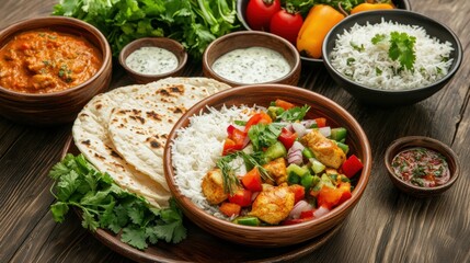 Delicious Indian Cuisine Featuring Chicken, Rice, and Fresh Vegetables
