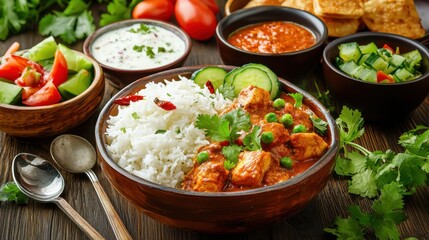 Delicious Indian Cuisine with Rice and Various Side Dishes