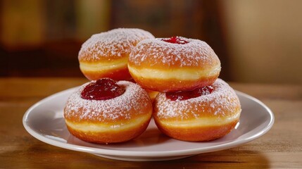 Delicious Jam-Filled Doughnuts with Powdered Sugar on Plate