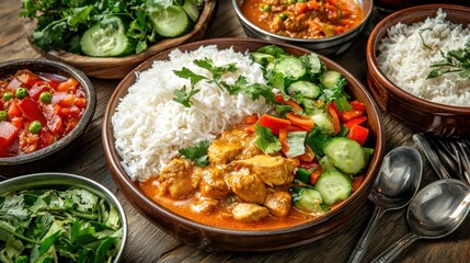 Delicious and Colorful Chicken Curry with Rice and Fresh Vegetables