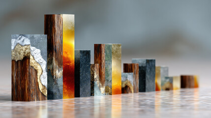 Abstract financial bar chart made of textured stone wood and metal blocks with warm lighting revenue sharing deal inspires
