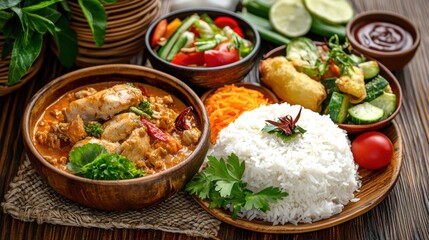 Delicious Asian Cuisine with Rice, Vegetables, and Chicken Dish