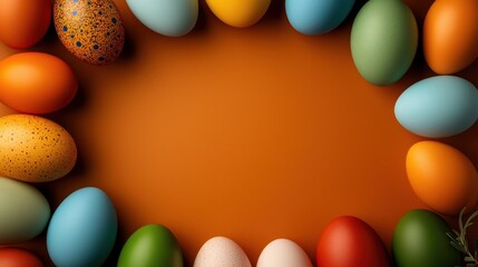 Colorful Easter Eggs Arranged in a Circular Frame on Orange Background