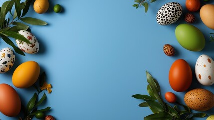 Colorful Easter Eggs Arranged on a Blue Background with Greenery