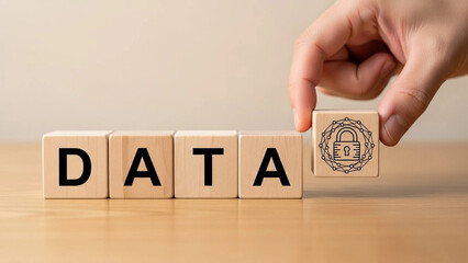 Businessman Arranging Wooden Blocks for "DATA" with Padlock Icon: Concept of Big Data Security, Privacy Protection, and Digital Asset Compliance