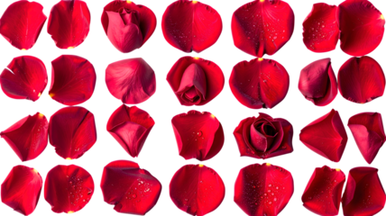 Scattered red rose petals on white background