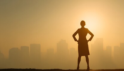 Silhouette of a confident businesswoman standing with hands on hips looking out at a modern city skyline during a golden sunset