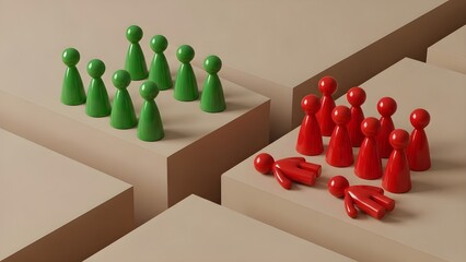 Conceptual representation of a competitive conflict between two opposing groups symbolized by red and green game pieces on elevated platforms on white background