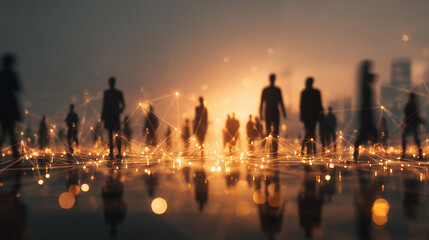 Digital network connecting people silhouettes in modern city with glowing data links