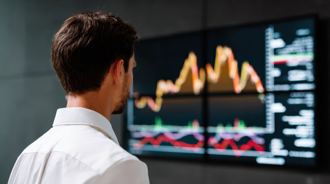 Man white shirt viewing financial chart large screen revenue sharing deal visualizing market trend with focused expression - Powered by Adobe