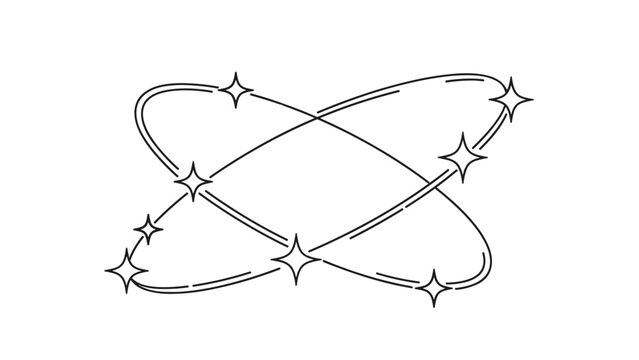 Abstract black and white symbol featuring swirling elliptical lines and sparkling stars to represent dizziness or confusion.