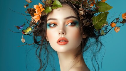 Ethereal Portrait of Woman with Floral Crown and Vibrant Makeup