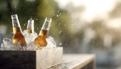 Four wet beer bottles in a wooden ice bucket with dramatic water splash and droplets in warm summer sunlight outdoor setting