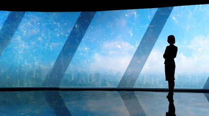 Silhouette businesswoman overlooking futuristic city skyline with network overlay revenue sharing deal creating calm ambition